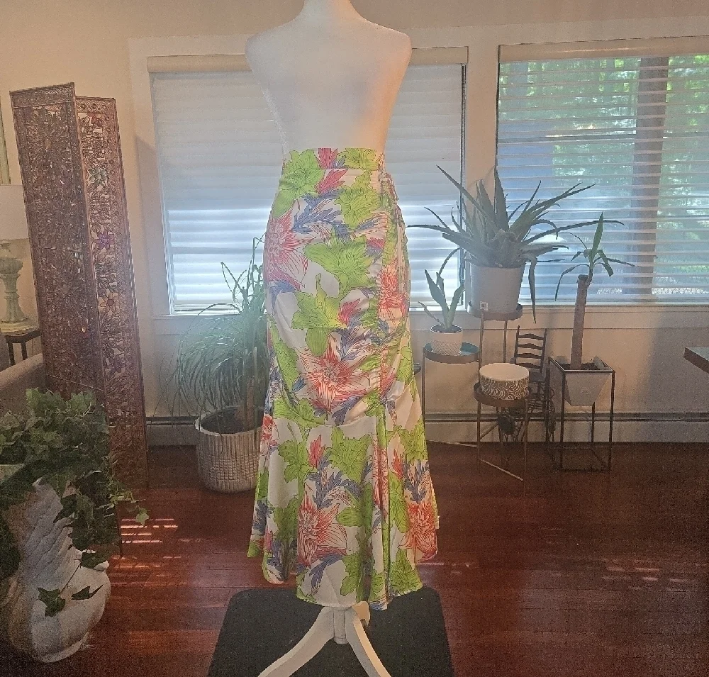 Beulah Womens Tropical Floral Ruched Asymmetrical Ruffle Midi Skirt Size Large
